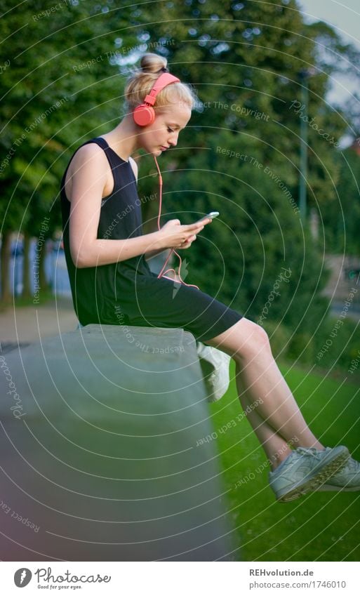 Alexa | Cityhipster Young woman with headphones sitting in city Contentment Relaxation Calm Leisure and hobbies Listen to music Music Summer Human being