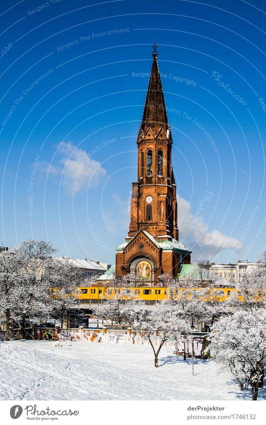 Winter mood in Görlitzer Park with view of church and elevated train Pattern Abstract Urbanization Capital city Copy Space right Copy Space left Cool (slang)