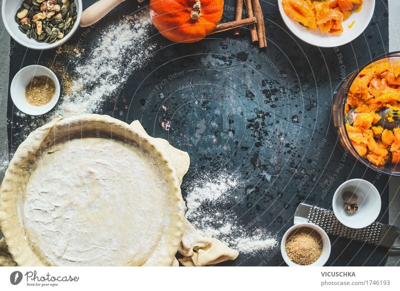 Pumpkin cake preparation on kitchen table Food Vegetable Dough Baked goods Cake Dessert Herbs and spices Nutrition Banquet Organic produce Vegetarian diet