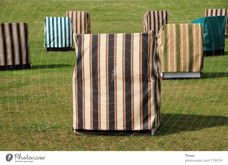 covered beach chairs on a meadow Calm Vacation & Travel Tourism Trip Summer Summer vacation Multicoloured Boredom Disappointment Loneliness chill husk Striped
