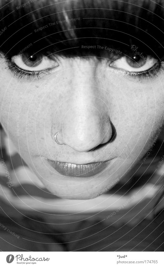 eye-catcher Black & white photo Interior shot Copy Space bottom Portrait photograph Looking into the camera Feminine Esthetic Calm Freedom Mysterious Brave