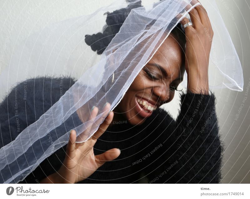 laughing woman with veil Feminine 1 Human being Sweater Cloth Jewellery Ring Earring Hair and hairstyles Black-haired Short-haired Smiling Playing pretty Wild