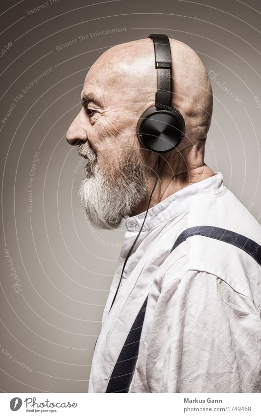 old music Lifestyle Style Music Human being Masculine Senior citizen Cool (slang) Headphones Sound Song Beige Listening Profile Bald or shaved head Facial hair
