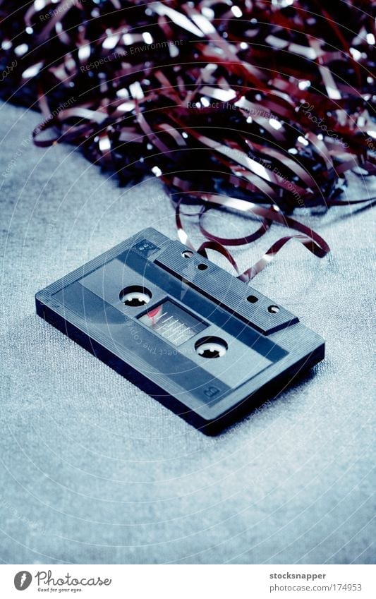 Old audio Tape cassette c-cassette c cassette Sound tangle tangled Black obsolete Trash junk Broken Heap Object photography