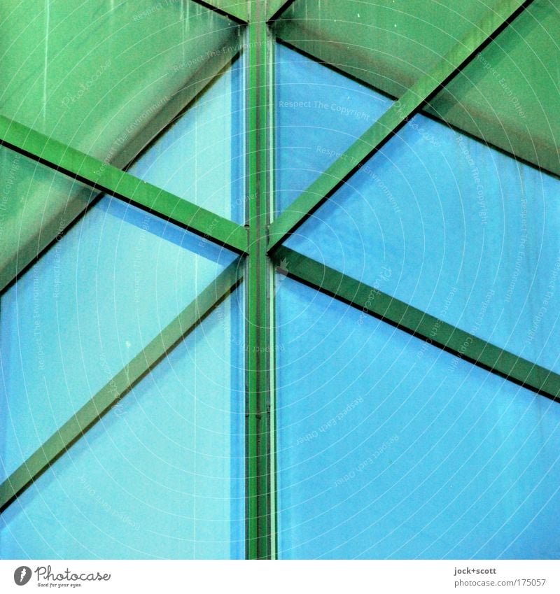 Window cross: Nautilus Seventies Facade Corner Metal Crucifix Stripe Sharp-edged Blue Green Center point Perspective Irritation Molding Surface Illusion