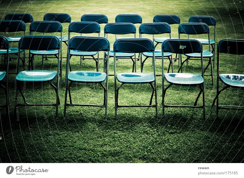 green classroom Colour photo Subdued colour Exterior shot Day Chair Expectation Boredom Group of chairs Seat Audience Green Wet Shadow Lawn Lessons Empty