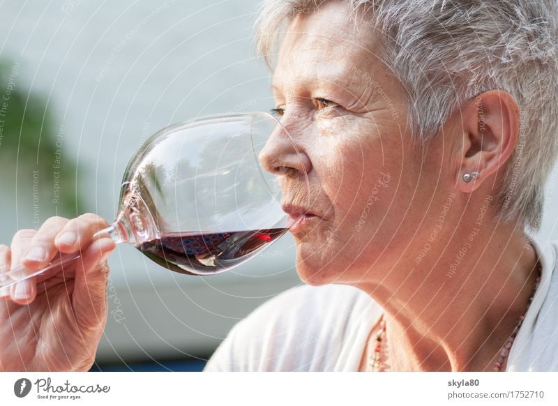 Pleasurable Woman Vine Red wine Drinking Beverage To enjoy Mature Mother Lady Gray-haired Hair and hairstyles Garden 60 years and older Senior citizen