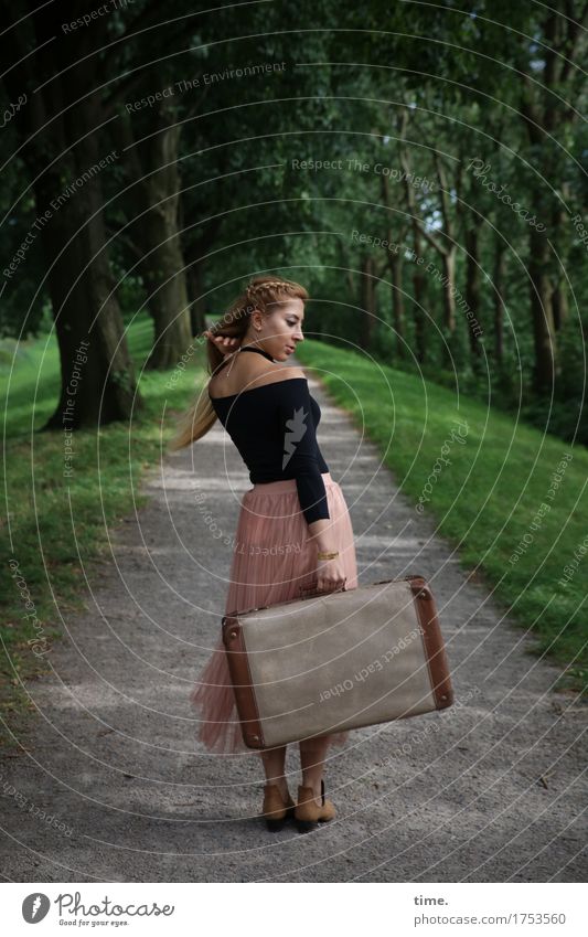 Woman with suitcase on an avenue Feminine 1 Human being Beautiful weather Tree Park Avenue Shirt Skirt Blonde Long-haired Suitcase Observe Rotate Going Looking
