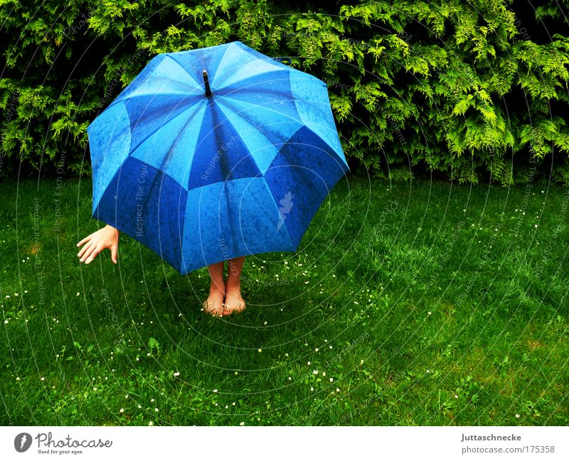 After the rain comes the sun Umbrellas & Shades stretch Weather Rain spanned Protection guard sb./sth. Bad weather Optimism Hand leg Feet Grass Meadow