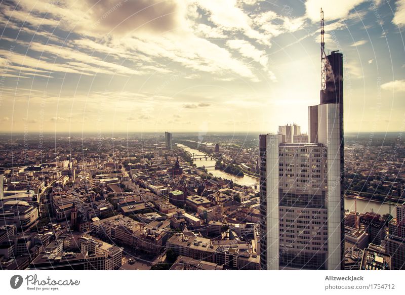 Frankfurt 1 Sky Clouds Summer Hesse Town Downtown Old town High-rise Bank building Dirty Tall Main River Lure of the big city Colour photo Exterior shot
