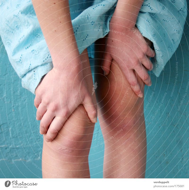 }{ Colour photo Structures and shapes Neutral Background Feminine Skin Hand Legs Dress Blue Contentment Youth (Young adults) Day