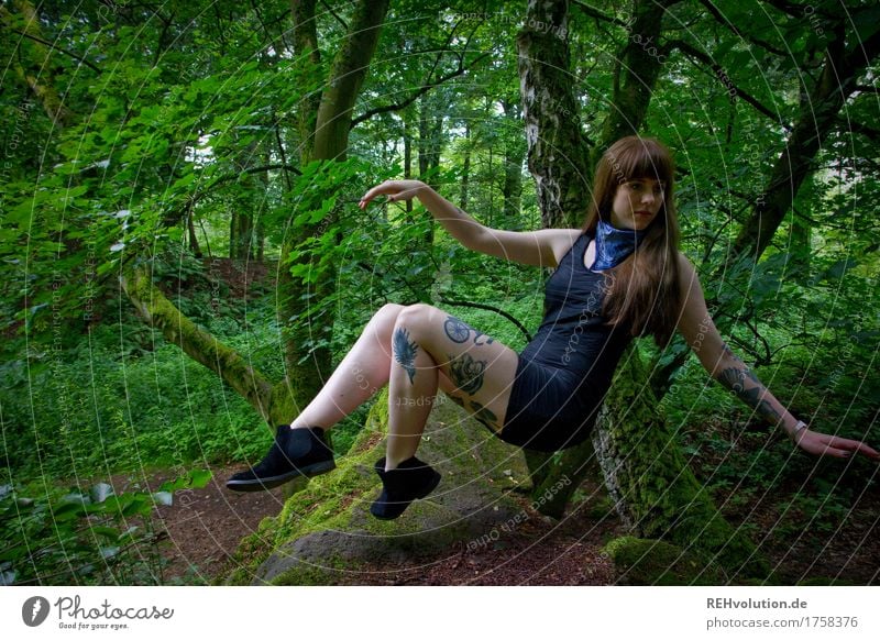 Carina's hovering. Leisure and hobbies Human being Feminine Young woman Youth (Young adults) 1 18 - 30 years Adults Environment Nature Forest Dress Tattoo