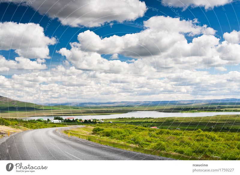 Icelandic countryside landscape in summer season Beautiful Relaxation Vacation & Travel Summer Sun Nature Landscape Sky Clouds Hill Lake Village Street Blue