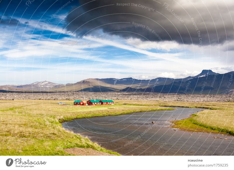 Red houses next a river in icelandic countryside Vacation & Travel Tourism Summer Sun Mountain House (Residential Structure) Group Nature Landscape Sky Hill