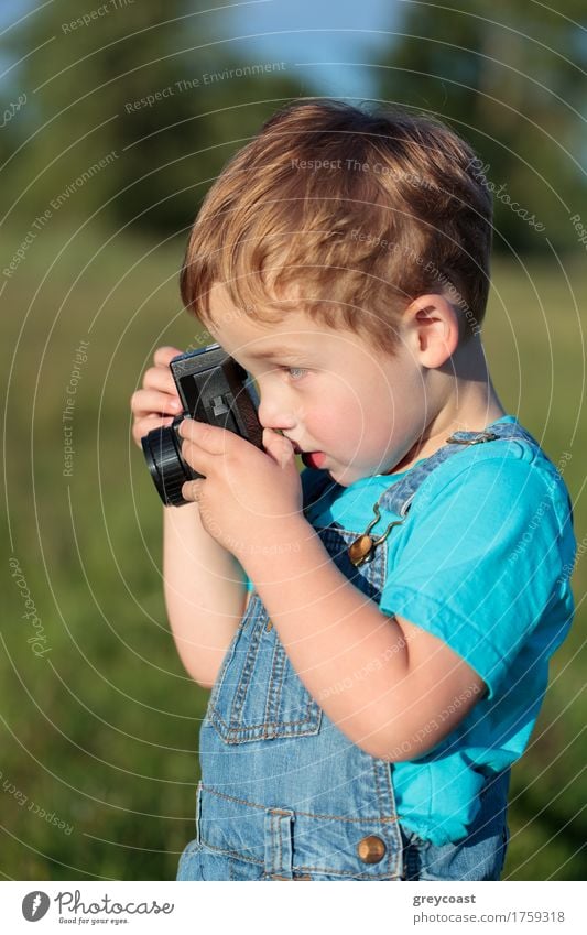 Little boy with camera taking pictures outdoor Summer Child Camera Boy (child) Infancy 1 Human being 1 - 3 years Toddler Nature Landscape Blonde Small Happiness