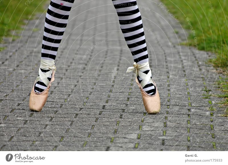 ballet Legs Feet 1 Human being Ballet Grass Lanes & trails Tights Footwear Stand Athletic Ballet shoe Asphalt Striped Striped pantyhose Vertical Legs apart
