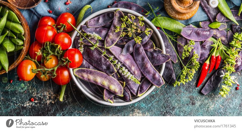 Purple pea pods with cooking ingredients Food Vegetable Herbs and spices Nutrition Organic produce Vegetarian diet Diet Crockery Bowl Style Design