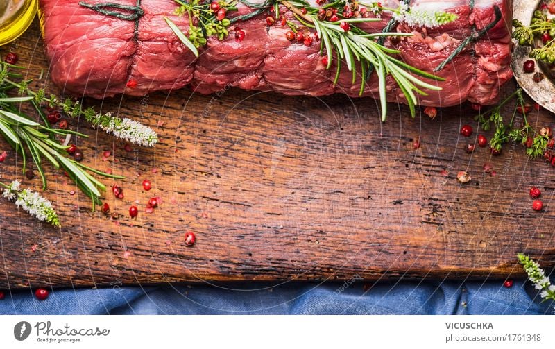 Roast beef roast with herbs and spices prepare Food Meat Herbs and spices Cooking oil Nutrition Dinner Banquet Slow food Style Design Table Kitchen Restaurant