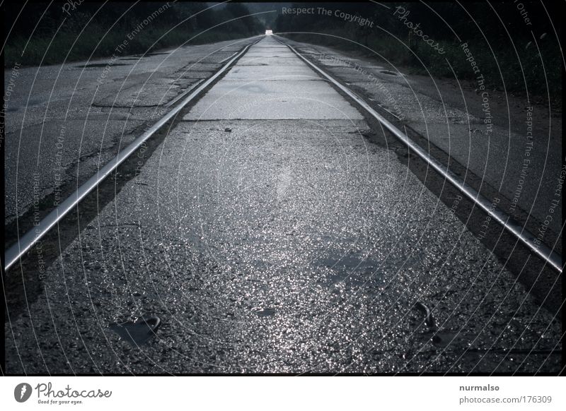 pinpoint accuracy Subdued colour Abstract Evening Graph Deserted Train station Transport Passenger traffic Train travel Street Road sign Railroad tracks