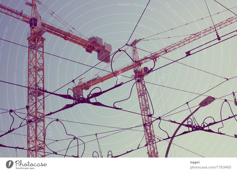 Life is a construction site II Construction site Town Downtown Build Crane Construction crane Untidy Muddled Crossroads Terminal connector Berlin Overhead line