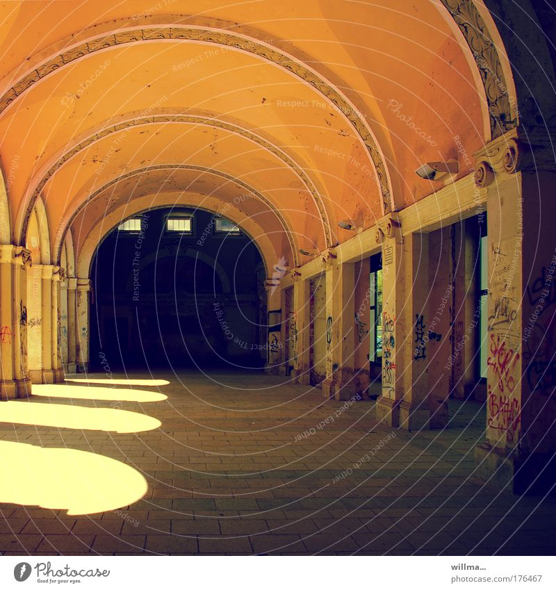Arcade, Wandelhalle in Eisenach archway Lobby Light Shadow Manmade structures Graffiti Architecture Building Transience Change Hall Archway Decline
