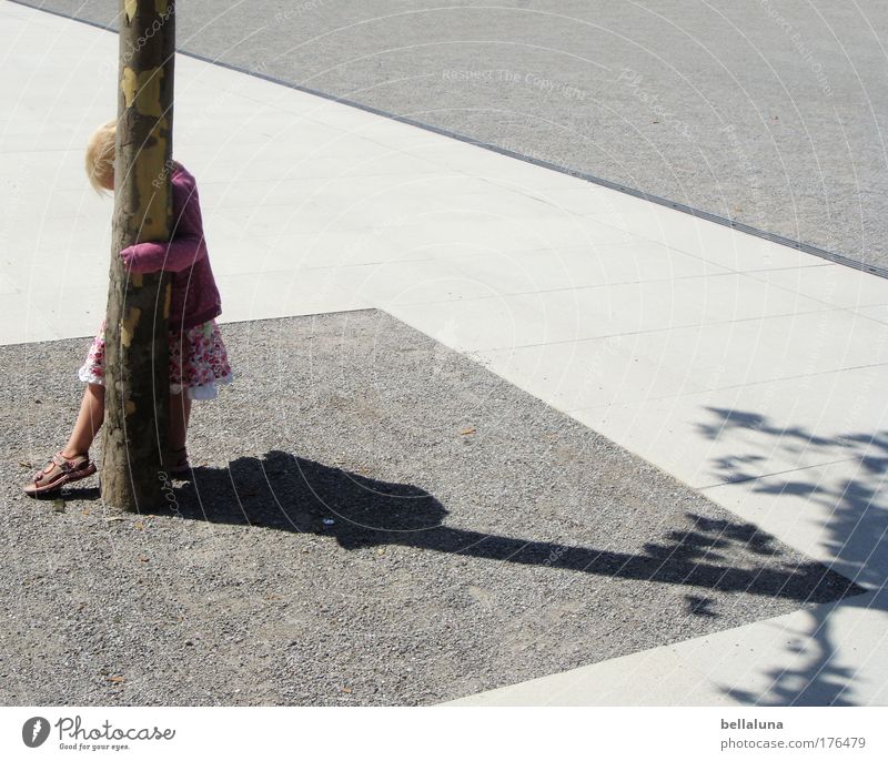 ... everything must be hidden!!! Human being Girl Infancy 1 To enjoy Walking Tree Hide Hiding place Colour photo Exterior shot Day Shadow Sunlight Asphalt