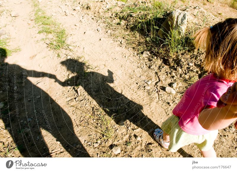 Safety and security Colour photo Copy Space top Day Shadow Contrast Silhouette Bird's-eye view Downward Looking away To go for a walk Trip Summer Parenting