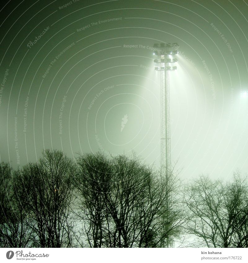 floodlight _ 02 Colour photo Exterior shot Night Light Shadow Silhouette Stadium Winter Fog Deserted Loneliness Transience Stockholm Sweden Diffuse Reflector