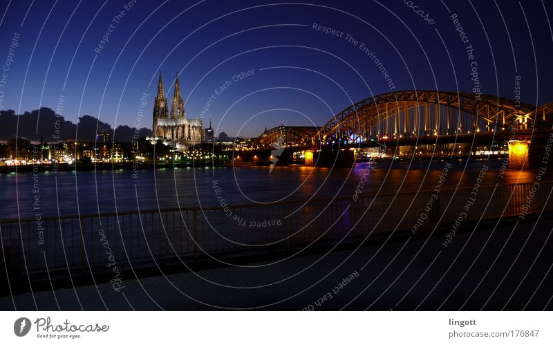 Cologne Cathedral & Hohenzollern Bridge at night Colour photo Exterior shot Deserted Copy Space bottom Copy Space middle Evening Twilight Looking Skyline Dome