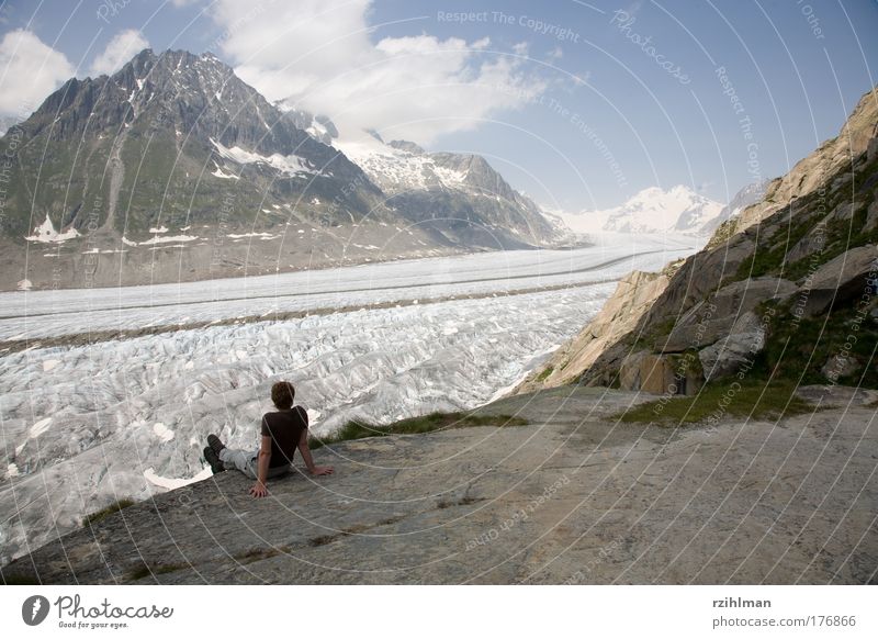 View of the Aletsch Glacier. Colour photo Exterior shot Copy Space top Day Sunlight Deep depth of field Long shot Panorama (View) Full-length Rear view
