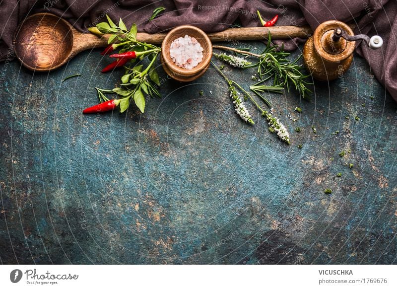 Cooking background with spoon, fresh herbs and spices Food Herbs and spices Nutrition Dinner Banquet Organic produce Vegetarian diet Diet Slow food Crockery