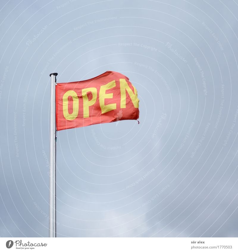Open in the sky Economy Trade Services Stock market Business Company To talk Environment Sky Clouds Flag Flagpole Sign Characters Blue Yellow Red Belief