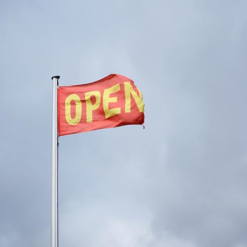 Open in the sky Economy Trade Services Stock market Business Company To talk Environment Sky Clouds Flag Flagpole Sign Characters Blue Yellow Red Belief