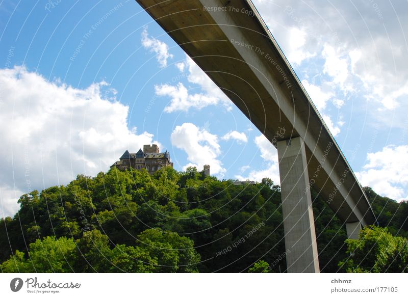 Two epochs Colour photo Deserted Day Sunlight Wide angle Tourism Trip Tree Forest Lahnstein Bridge Traffic infrastructure Highway Overpass Connect