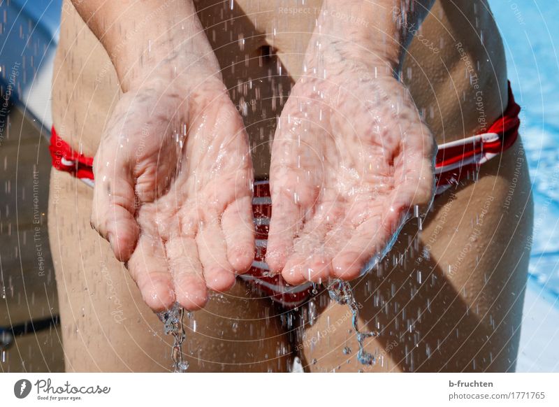 Cool wet Life Swimming pool Summer vacation Feminine Woman Adults Hand Fingers 1 Human being Water Drops of water Fresh Cold Wet Clean Joy Leisure and hobbies