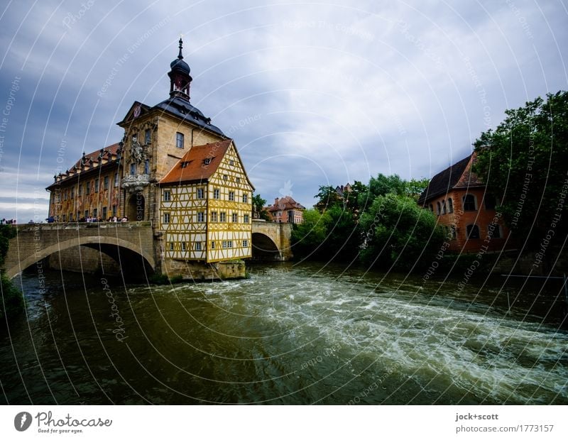 City hall of Bamberg Sightseeing City trip World heritage Baroque Sky Clouds River Regnitz river Downtown Bridge Half-timbered house Facade Tourist Attraction