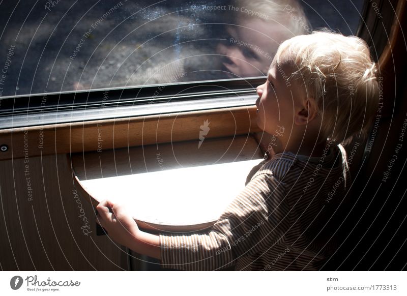 Toddler looks curiously out of the train window Vacation & Travel Child Boy (child) Infancy Life 1 Human being 1 - 3 years Train travel Railroad Passenger train