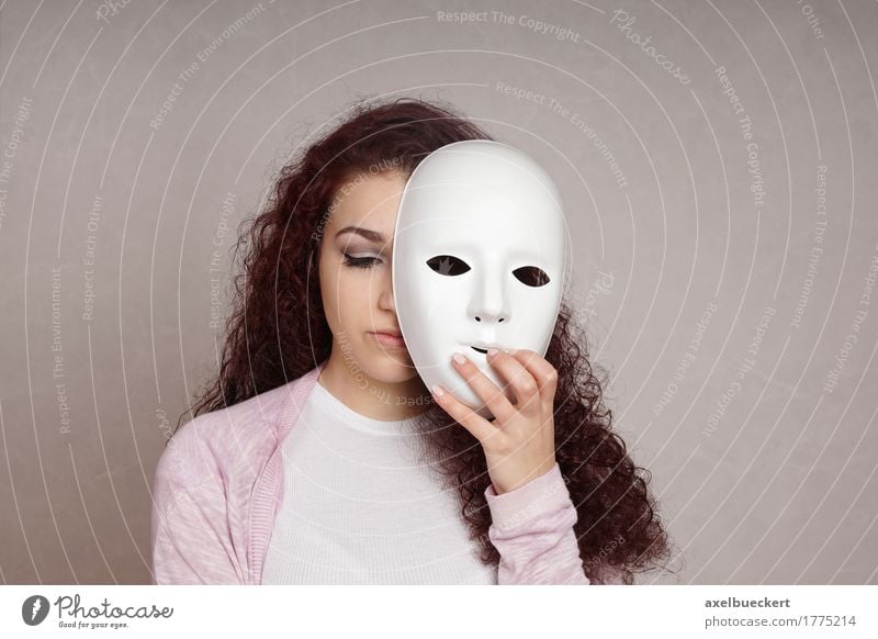 sad girl hiding face behind mask Human being Feminine Girl Young woman Youth (Young adults) Woman Adults 1 18 - 30 years Actor Brunette Long-haired Curl Sadness
