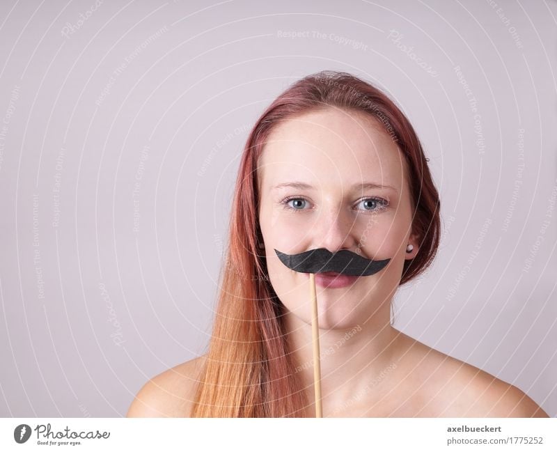 young woman with fake moustache Lifestyle Human being Masculine Feminine Androgynous Young woman Youth (Young adults) Woman Adults Face 1 18 - 30 years