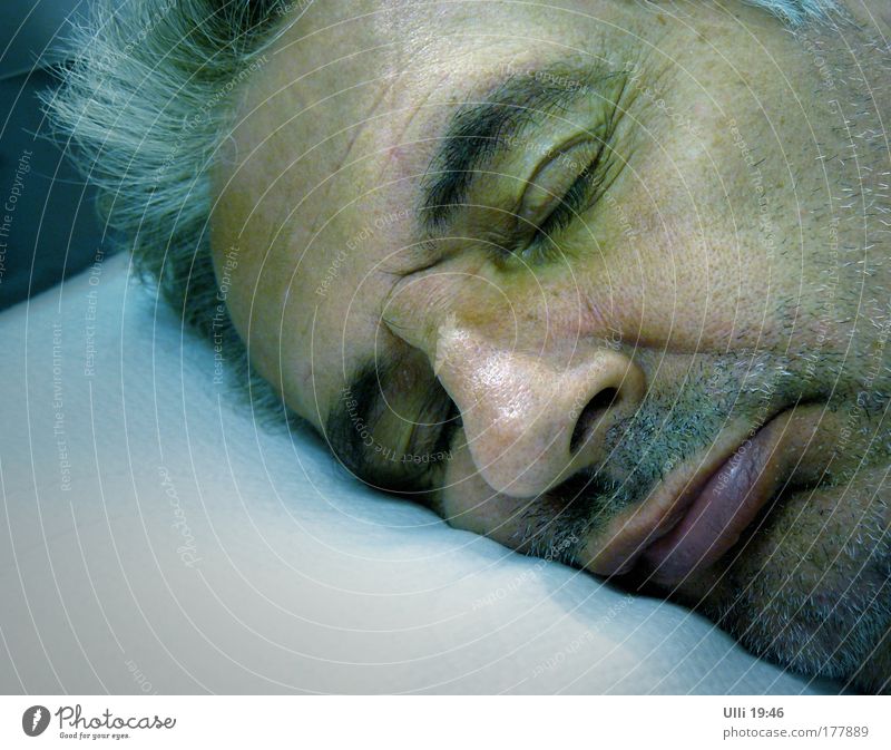 Even a head pillow tester has to sleep! Colour photo Subdued colour Interior shot Copy Space bottom Evening Night Half-profile Closed eyes Masculine Male senior