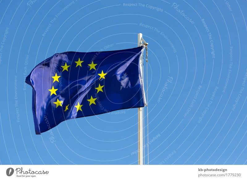 Flag of European Union on a flagpole Wind Blue Yellow EU european union textile Satin fabric sky Symbols and metaphors symbolic move motion sign Colour photo