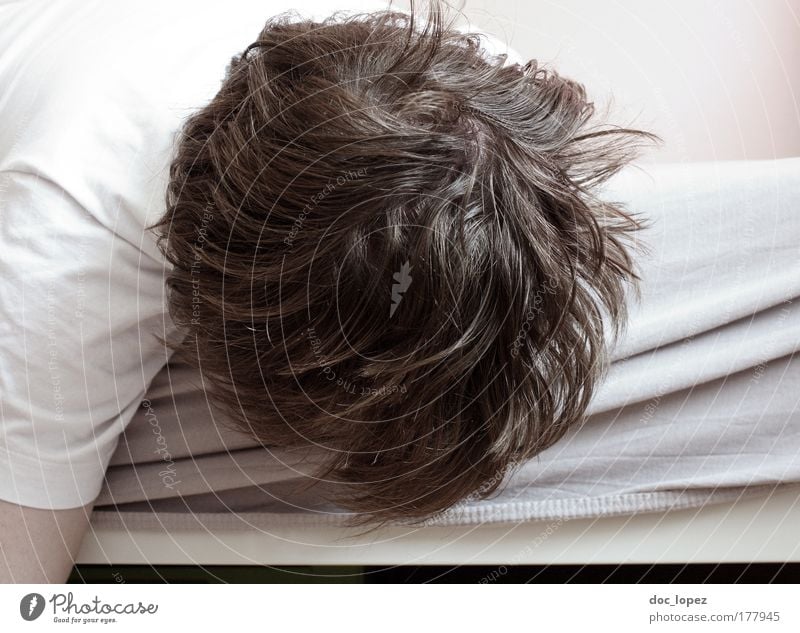 I give up Colour photo Interior shot Close-up Day Bed Room Night life Human being Masculine Man Adults Head 1 T-shirt Hang Sleep Dream Sadness Broken White