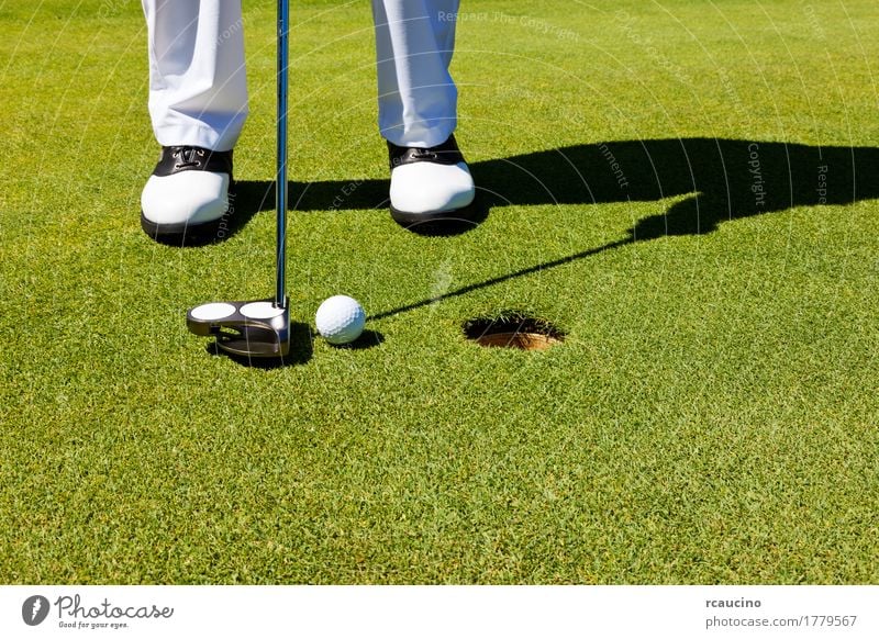 Golf: golfer on the putting green, preparing to put Joy Relaxation Playing Summer Sports Golf course Man Adults Feet Pants Footwear Stand Green White Loneliness
