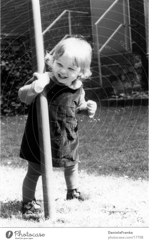 Catch me! Toddler Girl Meadow Child Black & white photo Laughter Walking merry