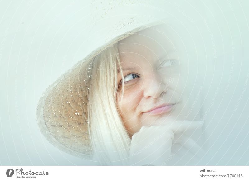 She was called Madame Woman Dreamily Face Straw hat Blonde Long-haired smile Bright already Charming Impish Flirt portrait Looking away bold allure Feminine