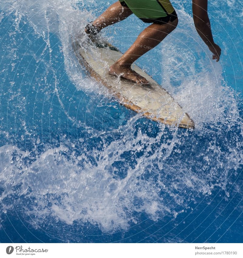 Wave rider Aquatics Surfing Surfer Surfboard Legs Swimming pool Sports Esthetic Fluid Blue Waves Swell Splash of water Dynamics Wild Funsport Colour photo