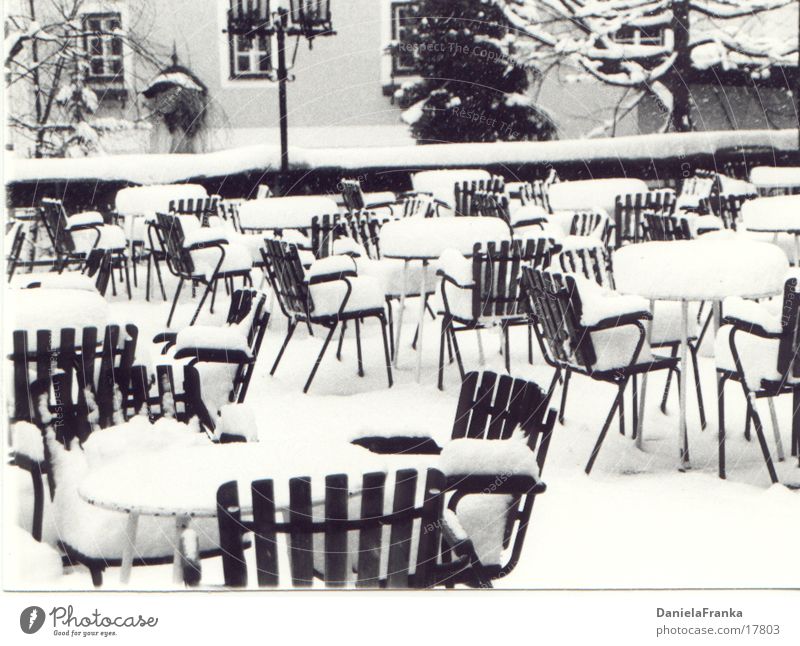 Want a seat? Winter Leisure and hobbies Terrace Chair Table Obscure Black & white photo Snow Exterior shot