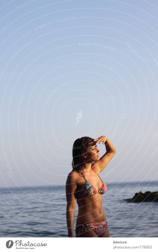 What's that? Woman Beach Search look Upward Hand Tall stop bitchy Bikini Sunset Summer Attractive youthful Side Portrait photograph Amazed Surprise Protection