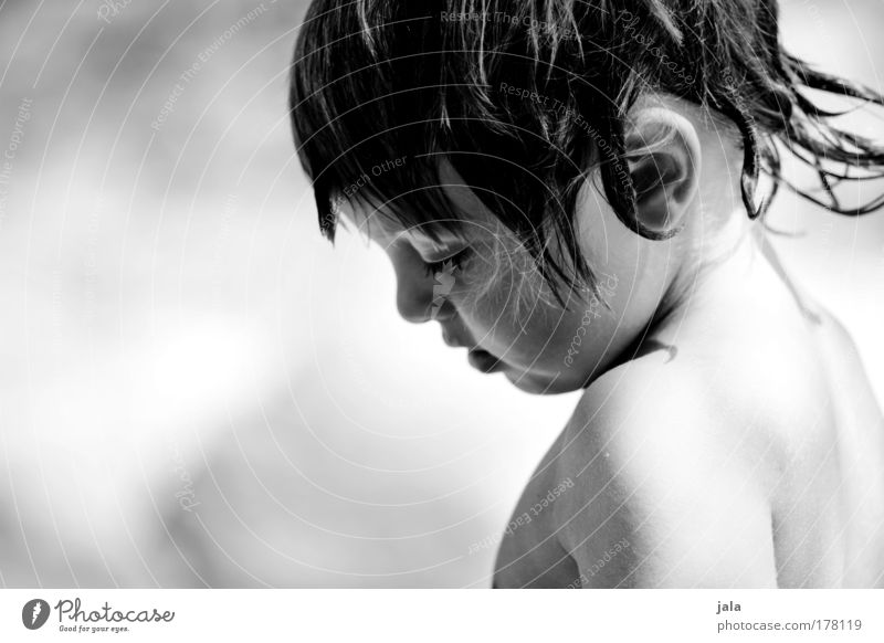 small wildcat Black & white photo Copy Space left Day Light Shadow Sunlight Portrait photograph Downward Human being Masculine Child Boy (child) Infancy Head