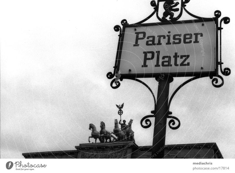 Pariser Platz Brandenburg Gate Wide angle Nostalgia Europe Berlin Signs and labeling Black & white photo